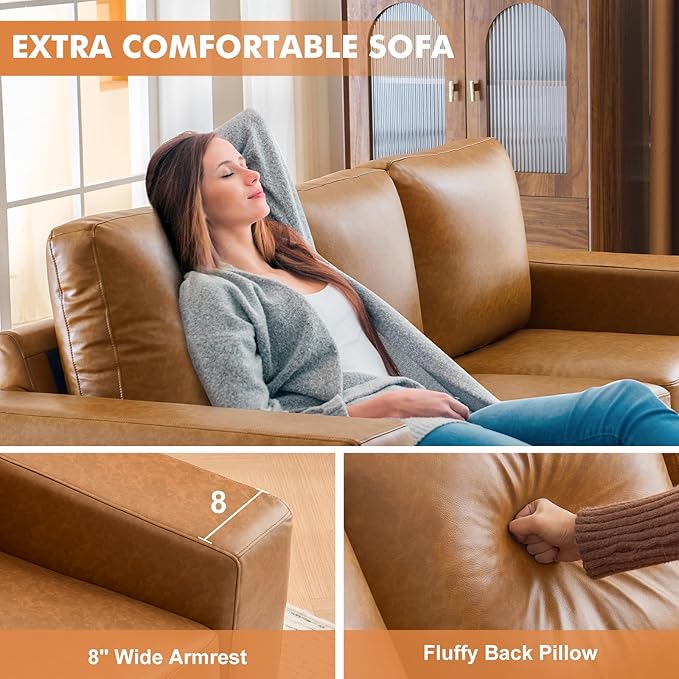 ELUCHANG 85" Luxury 3 Seater Sofa Couch for Living Room, Modern Upholstered Faux Leather Sofas Couches with Extra Deep Seats&Removable Cover, Comfy Sofa Couch for Apartment, Lounge, Brown, 2PCS