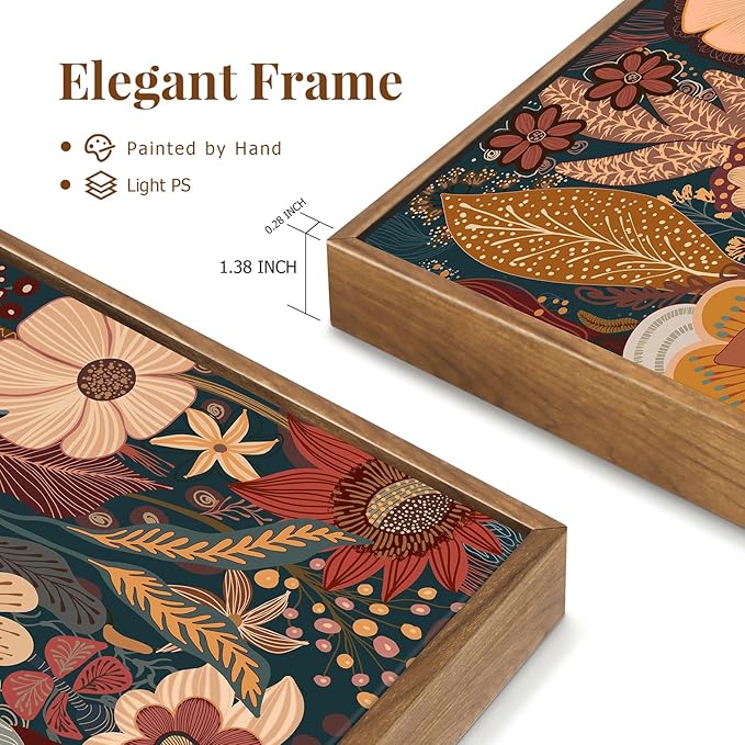 SAFERRYHOME Burnt Orange Floral Wall Art, 3 Pieces Boho Mid Century Modern Wildflower Framed Canvas Wall Decor, Vintage Botanical Neutral Plant Artwork Print for Living Room Bedroom Hallway Office, 16"x24"