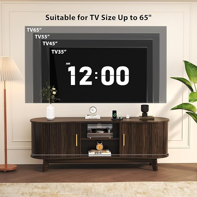 Mid Century Modern TV Stand, Fluted TV Stands with Open Shelves and Sliding Door for 65 Inch TVs, Media Cabinet with Power Outlet, Entertainment Center with Storage for Living Room, Walnut