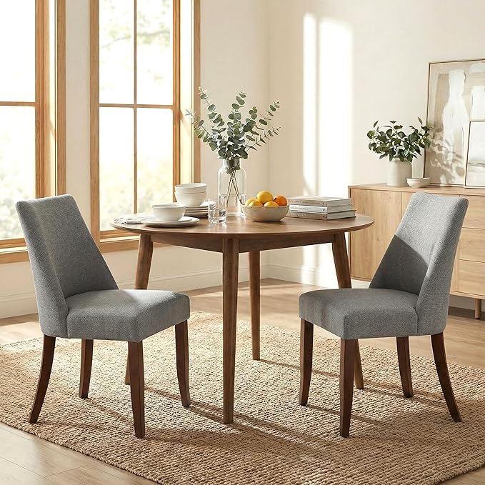 Wooden Dining Chairs Set of 2, Upholstered Farmhouse Fabric Dining Room Chair, Mid Century Kitchen Chair for Restaurant & Cafe, Light Grey