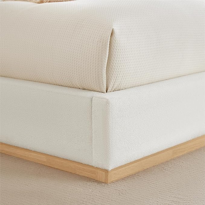KISLOT Upholstered Queen Size Bed Frame, Boucle Fabric Platform Bed Mattress Foundation Noise-Free No Box Spring Needed Easy Assembly
