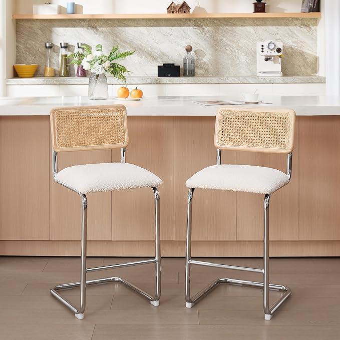 Zesthouse Natural Rattan Counter Stools Set of 4, 26'' Mid Century Modern Counter Height Barstools with Solid Wood Back & Cane Mesh, Upholstered White Boucle Bar Stools for Kitchen Island, Chrome Base