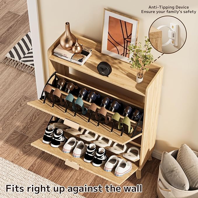 Fluted Shoe Cabinet Storage with 2 Flip Drawers, Wood Narrow Hidden Shoe Cabinet with Adjustable Shelf for Entryway, Freestanding Slim Shoe Rack Organizer for Foyer Hallway Living Room