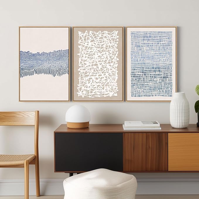 SAFERRYHOME Blue Neutral Contrast Abstract Boho Wall Art Framed Canvas Print Set, Mid Century Modern Minimalist Lines Geometric Pattern for Living Room, Bedroom, Office - 3 Panels 16x24 Inch