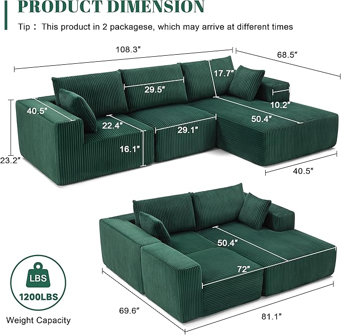 Weture 108” Modular Sectional Sofa, Cloud Sectional Couch with Deep Seat, Modern Modular L-Shape Sofa with Chaise,Upholstered Boneless Couches for Living Room Bedroom (Corduroy, Green)