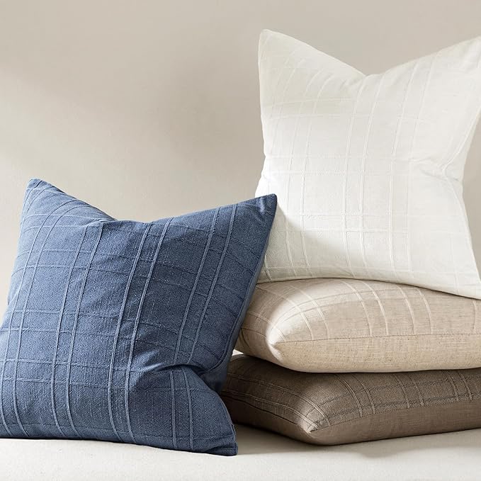 MIULEE Decorative Linen Check Throw Pillow Covers Neutral Farmhouse Vintage Pillow Covers 18x18 Set of 2 Boho Modern Home Decor for Sofa Couch Bedroom Cushion Blue