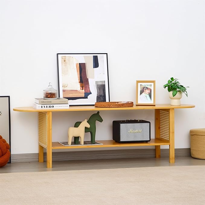 Bamboo TV Stand for TVs up to 65", Accent Entertainment Center with Storage, Media Console Table with Rattan, Modern TV Stand for Living Room, Bedroom, 55"(L), Burlywood
