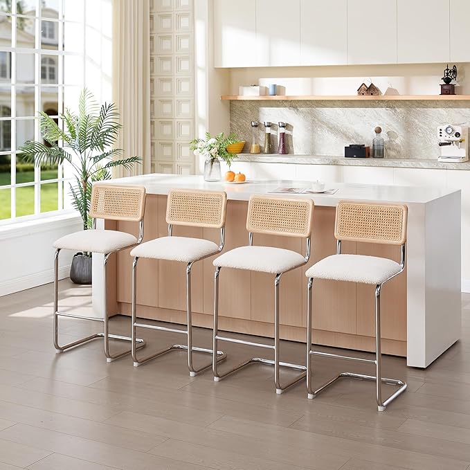 Zesthouse Rattan Bar Stools Set of 2, 30'' Upholstered Boucle Fabric Barstools with Wooden Back & Natural Cane Mesh, Mid Century Cantilevered Design High Chairs for Kitchen Bar with Chrome Base, White