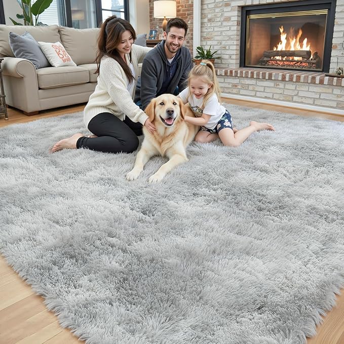 Area Rugs 9x12 Living Room, Large Area Rug Shag Shaggy Carpet Soft Plush Furry Bedside Rug, Machine Washable Area Rugs for Bedroom Kids Girls Boys Anti Slip(9 x 12, Light Grey Tie-Dyed)