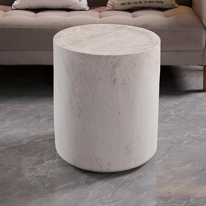 WILLIAMSPACE 15.75" Round End Table in Faux Marble, Modern Circle Drum Stone Side Table Travertine Small Coffee Table for Living Room, Outdoor, Magnesium Oxide, No Need Assembly, Light Beige