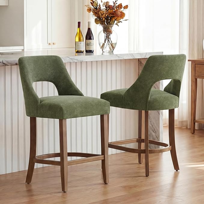 UVV Bar Stools Set of 2, Upholstered Counter Height Bar Stools, Modern Counter Stools with Wood Legs for Kitchen Island Dining Room Bar, Green