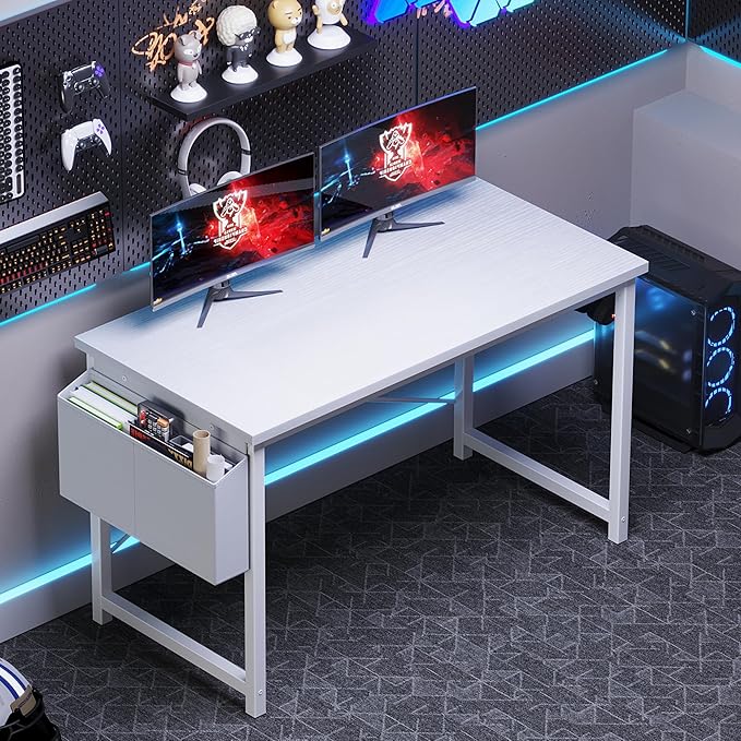 OLIXIS Computer Desk 47 Inch Home Office Desks for Small Spaces, Gaming Writing Study Work Table with Storage Bag and Headphone Hook for Bedroom, White