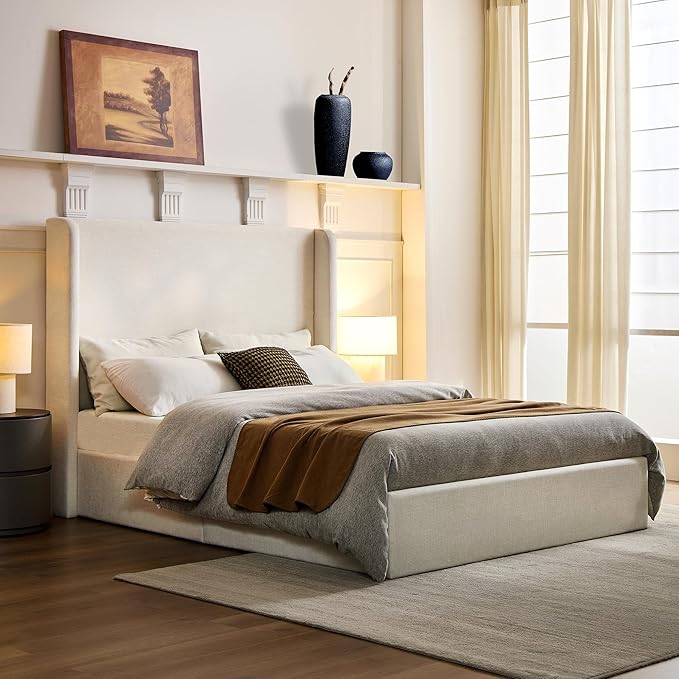 California King Size Upholstered Platform Bed Frame, 52" High Headboard Carmen Wingback Beds, Tall Headboard King Floor Bed Frames, No Box Spring Needed No Noise, Minimalist, Textured Ivory