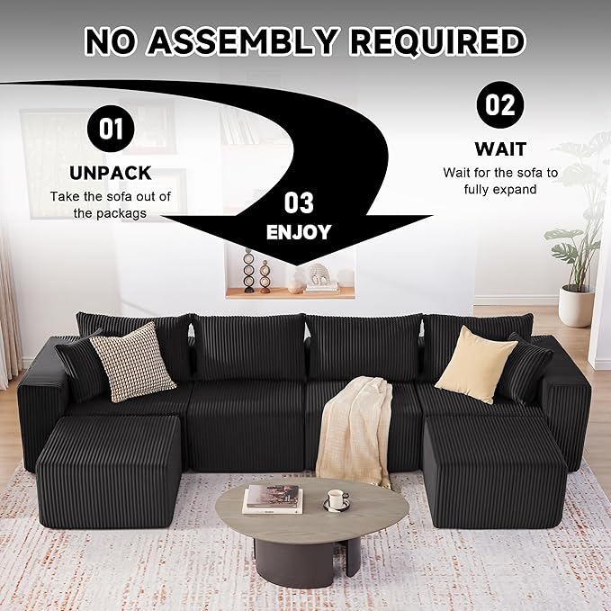Weture 135.4" Cloud Couch Sectional, Modular Sectional Sofa with Deep Seat, Plush Corduroy U Shaped Boneless Couch, Convertible Sectional Couches for Living Room, 6Seat, Black