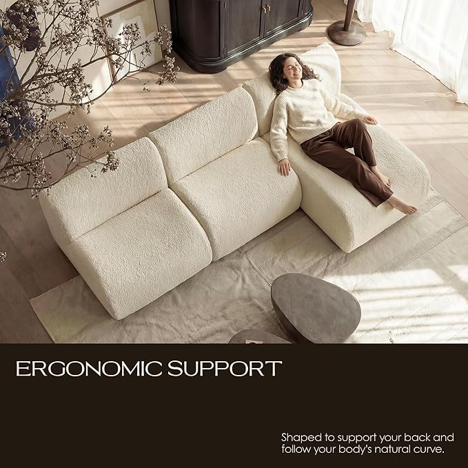 Curved Modular Single Sofa Chair, 33" Foam Boneless Sherpa Couch, Comfy Teddy sofas for Small Spaces, Modern Sectional Couches for Living Room, Bedroom, Apartment, Dorm, Office– No Assembly, White