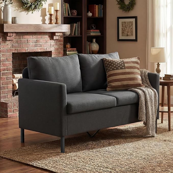 TYBOATLE Linen Fabric Modern Small Loveseat Sofa Couch for Living Room, 51" W Little Upholstered 2-Seater Mini Love Seats w/Iron Legs for Small Space, Apartment, Bedroom, Dorm, Office (Dark Grey)