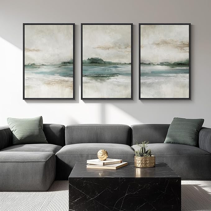 Large Framed Abstract Landscape Wall Art, 3 Piece Canvas Prints Paintings Artwork for Walls, Soft Blue and Green Nature Lake Pictures for Living Room Dining Bedroom Home Office Wall Decor 20x30 In