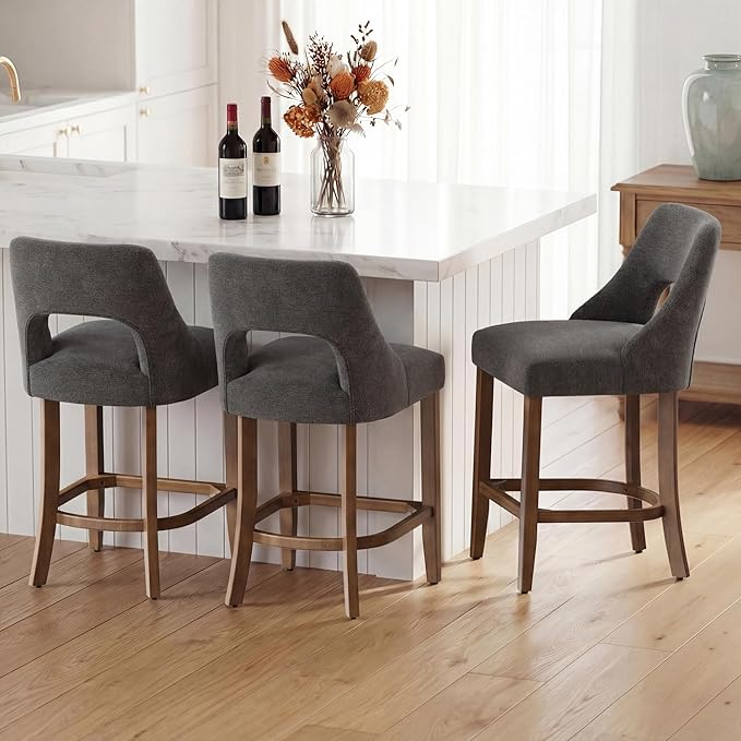 UVV Bar Stools Set of 4, Upholstered Counter Height Bar Stools, Modern Counter Stools with Wood Legs for Kitchen Island Dining Room Bar, Dark Grey