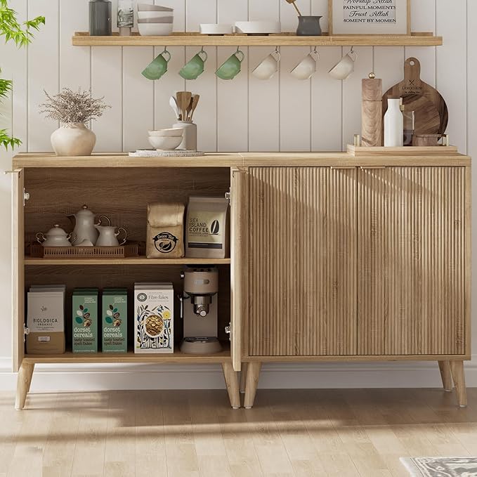 Homleke Buffet Cabinet with Storage, Modern Fluted Accent Sideboard with Doors & Adjustable Shelves, Buffet Table Entryway Cabinets for Living Room, Kitchen, Dining Room, Hallway, Natural