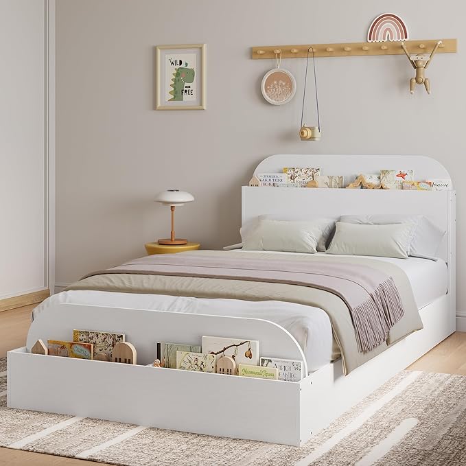 GarveeHome Twin XL Size Bed Frame, Wooden Beds with Storage Headboard and Raised-Foodboard, Twin XL-Floor Low Platform Bed for Bedroom, Sturdy Wooden Slats Support, No Box Spring Needed, White