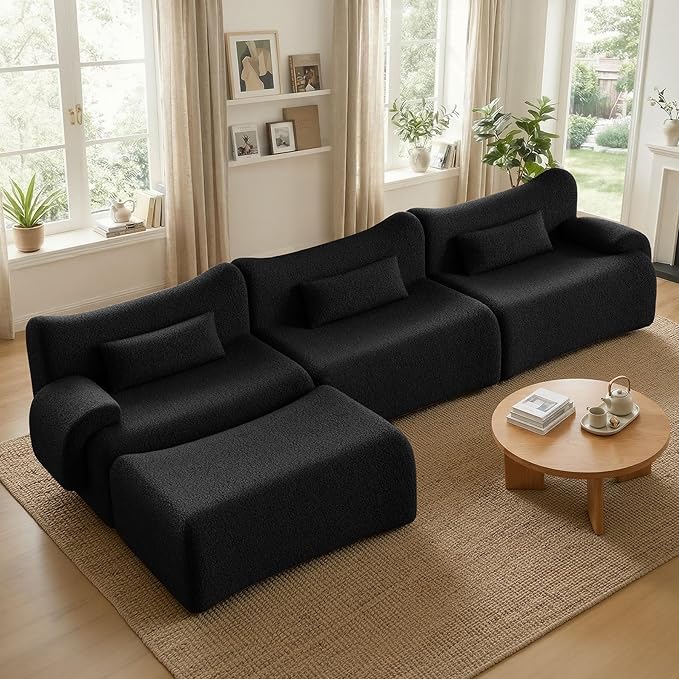Cloud Couch Sectional, L Shaped Boneless Couches for Living Room - Oversized Modular Sofa with Deep Seats, Modern Couches with Movable Ottoman,Black