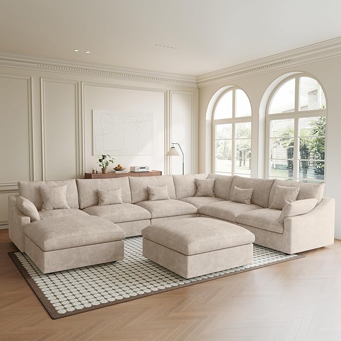 Modular Sectional Sofa Cloud Couch, Oversized 8 Seater Sofa with Ottomans, Extra Large U Shaped Deep Seat Sectional Couches for Living Room, Khaki Sofa Covers Washable&Removable