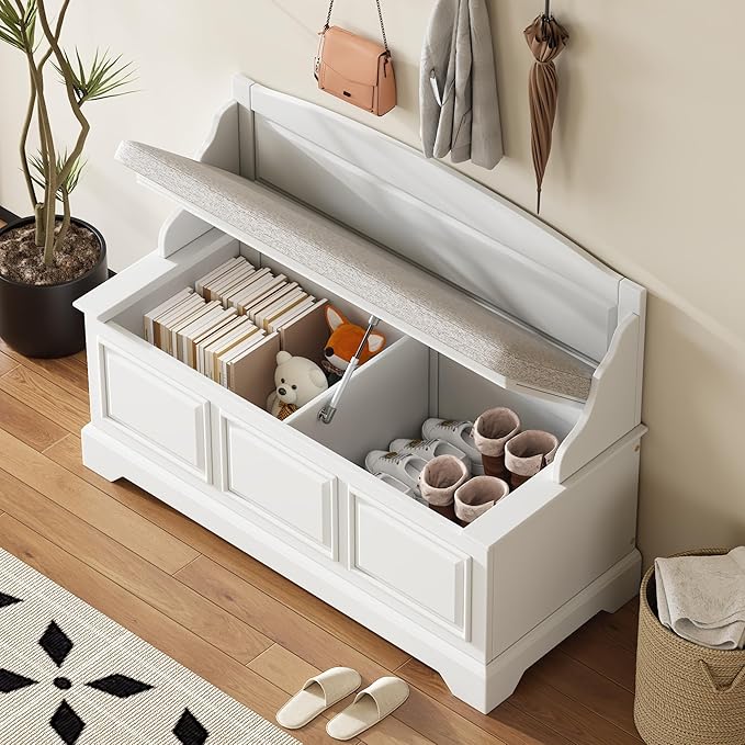 LUMISOL Shoe Storage Bench with Cushion, 41.7“ Farmhouse Entryway Bench with Soft-Close Devices and Hidden Storage, Upholstered Storage Ottoman for Living Room, Entryway, Bedroom, White