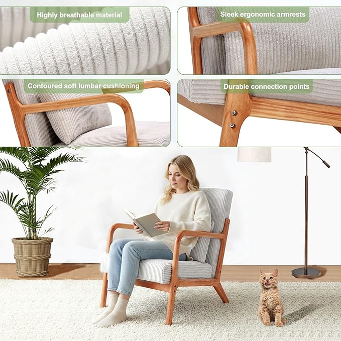 Set of 2 Mid Century Modern Accent Chair with Solid Rubberwood Frame, Comfy Corduroy Reading Armchair with Lumbar Pillow, Compact Lounge Chair for Bedroom, Living Room & Small Spaces
