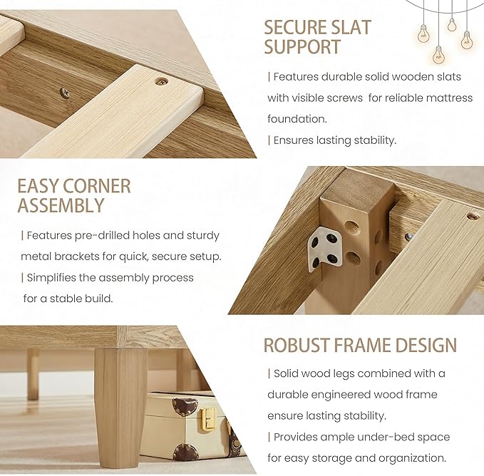 Bed Frame Queen Size, Wood Platform Bed Frame with Solid Wood Slats & Legs, Noise-Free, No Box Spring Needed, Easy Assembly, Minimalist Japandi Style