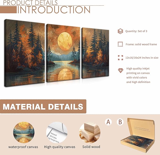 Framed Gold Mountain Forest Sunset Landscape Wall Art Set of 3, Abstract Boho Lakeside Forest Sunset Wall Decor, Vintage Nature Landscape Canvas Prints Poster for Living Room Bedroom Office 12x16 Inch