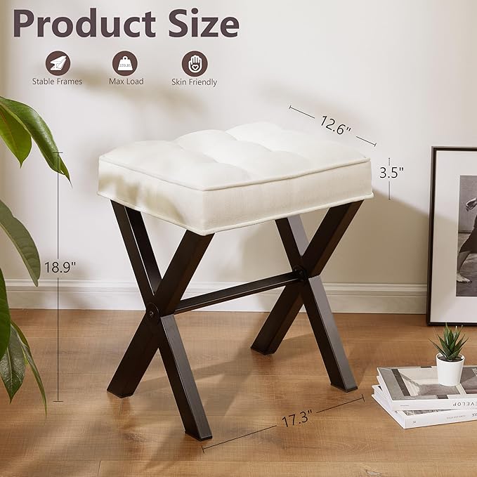 Royal Windsor Vanity Stool,Square Ottoman Stool Foot Rest,Upholstered Vanity Chair Foot Stool with Metal X Legs, Small Vanity seat for Entryway,Bedroom and Living Room,Linen White