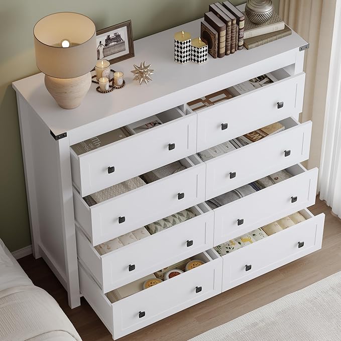 BORNOON Tall 8-Drawer Dresser, Modern Wooden Storage Chest of Drawers, Dresser TV Stand, Wood Drawer Organizer with Metal Handles for Bedroom, Living Room, Hallway