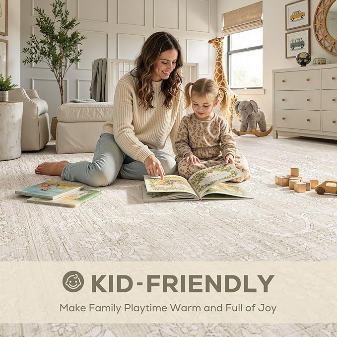 8x10 Area Rug Living Room: Washable Large Vintage Grey Rug Neutral Non-Slip Soft Stain Resistant Indoor Carpet for Bedroom Nursery Dining Room Under Table Bed Home House Office Playroom - Beige White