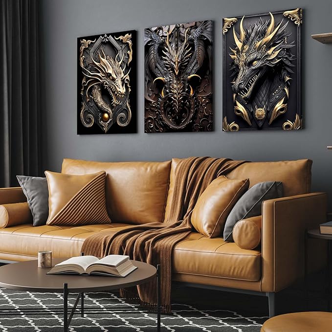 3 Piece Wall Art Framed Canvas Wall Art Modern Abstract Dragon Pictures with Black and Gold Design, Home Decor for Living Room, Bedroom, Office, Gaming Room – Room Decoration with Hooks and Nails, 12x16 Inch