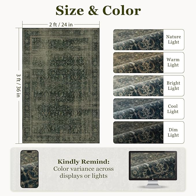 Dark Green 2x3 Small Entryway Rug, Distressed Vintage Front Door Mat Indoor Entrance Washable Low Pile, Kitchen Bathroom Throw Area Rugs Non Slip, Moody Decor Small Carpet for Bedroom