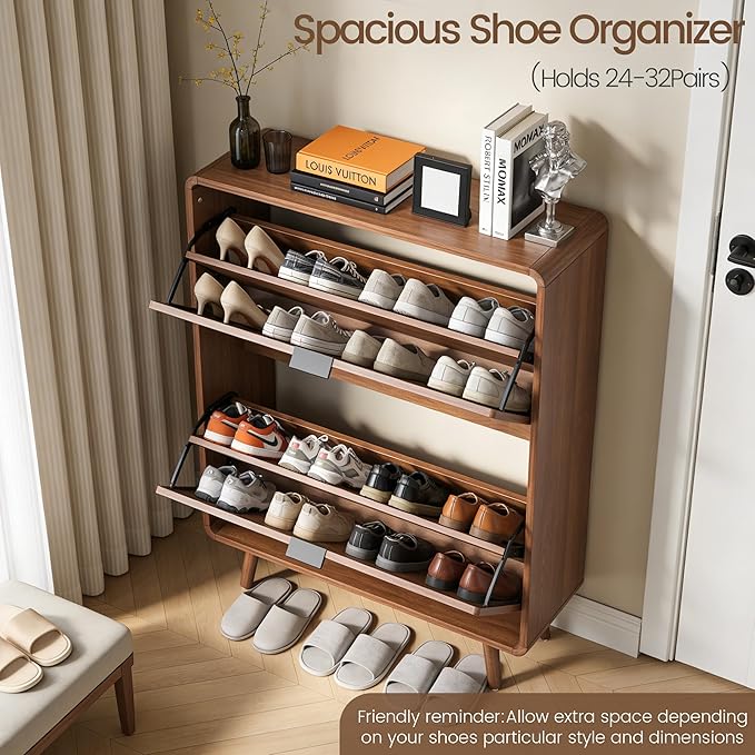 FurSch Fluted Shoe Storage Cabinet with 2 Flip Drawers, Narrow Shoe Rack Cabinet Organizer with Adjustable & Removable Shelves for Entryway (All Walnut, 2 Drawers)