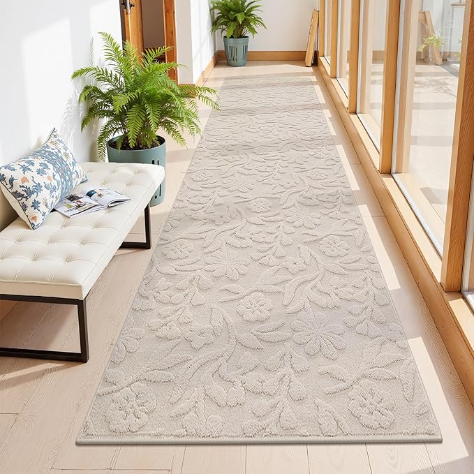 Vaukki 2x8 Runner Rug for Living Room, Soft Fluffy Washable Modern Floral Indoor Floor Mat, Non Slip Shaggy Boho Accent Throw Carpet for Bedroom, Living Room, Nursery and Dining Room, Beige