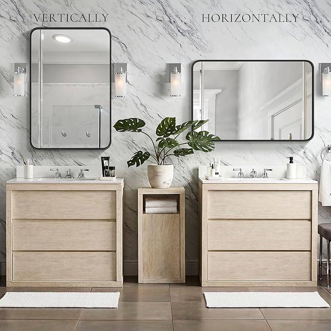 NEWBULIG 22X30 Inch Bathroom Wall Mirror, Vanity Bathroom Mirrors for Over Sink Tempered Glass, Anti-Rust Metal Framed Rounded Rectangle, Hangs Horizontally or Vertically, Farmhouse Home Decor, Black