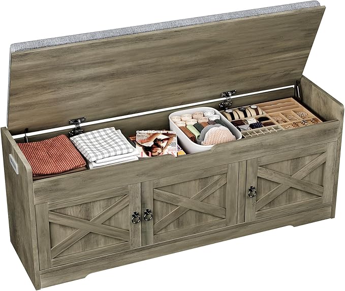 Farmhouse Shoe Storage Bench with Cushion Seat, 3-Tier Entryway Bench with Lift Top Storage and Adjustable Shelf, Bench for Hallway, Bedroom, Grey