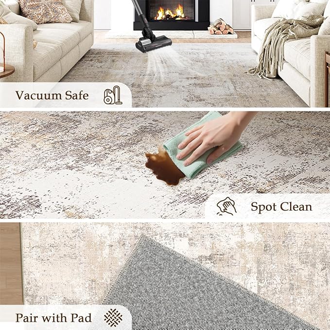 9x12 Washable Area Rug Beige Grey Abstract Non Slip Soft Medium Pile Rug for Living Room Bedroom Dining Room Office Neutral Modern Indoor Throw Carpet for Home Decor