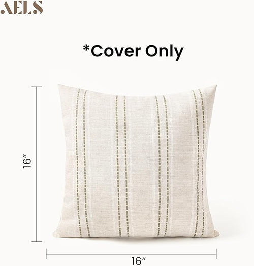 AELS 16x16 Decorative Farmhouse Linen Blend Throw Pillow Covers, Boho Textured Pillow Case, Set of 2, Beige with White & Brown Stitch Yarn Dyed Stripe Cushion Cover for Sofa Living Room (Cover ONLY)