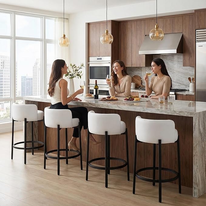 LukeAlon Modern PU Leather Counter Stools Set of 4, Upholstered 26" Seat Height Barstools with Black Metal Legs Round Low Back Kitchen Stools with Footrest for Dining Room Small Places, Cream White
