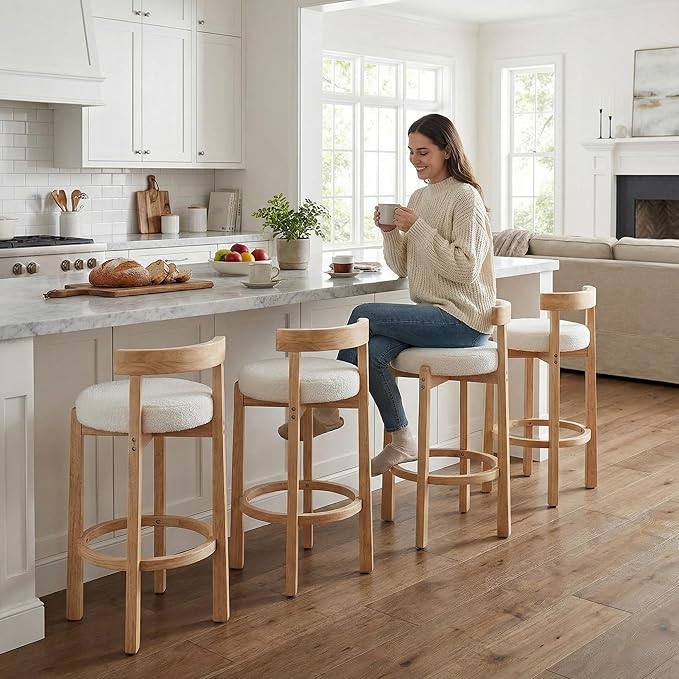 LukeAlon Mid Century Sherpa Bar Stools Set of 4, 30.25" Seat Height Upholstered Barstools with Wood Legs Modern Tall Bar Chair with Curved Low Back Round Footrest for Pub Home Kitchen Island, White