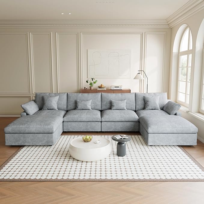 Modular Sectional Sofa Cloud Couch, 155.9" Oversized U Shaped Couch with Chaise Ottomans, Modern Minimalist Deep Seat Couches for Living Room, Sofa Covers Washable&Removable, Grey