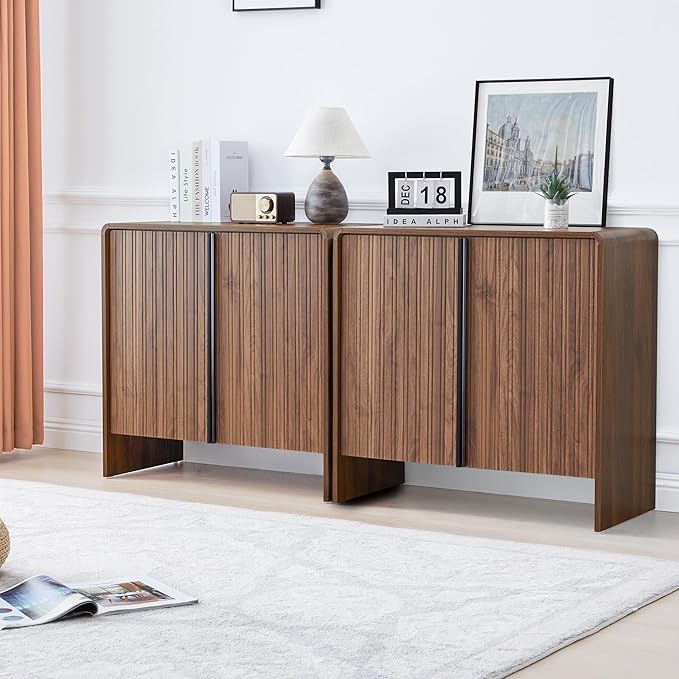 Bifins 31.5” Fluted Sideboard Buffet Cabinet with Storage,Mid Century Modern Small Wood Storage Cabinet with Arched Profile for Dining Room Kitchen Living Room (Brown 2pcs)