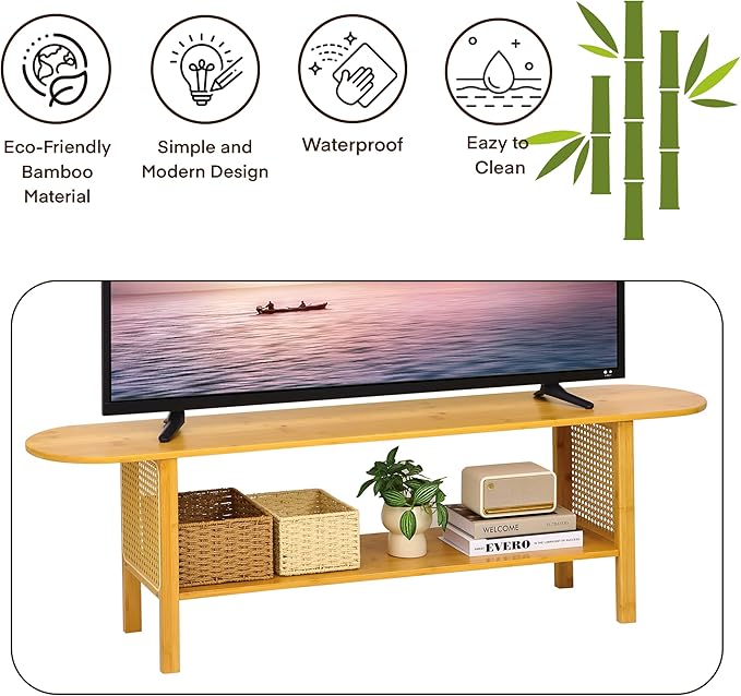 Bamboo TV Stand for TVs up to 65", Accent Entertainment Center with Storage, Media Console Table with Rattan, Modern TV Stand for Living Room, Bedroom, 55"(L), Burlywood