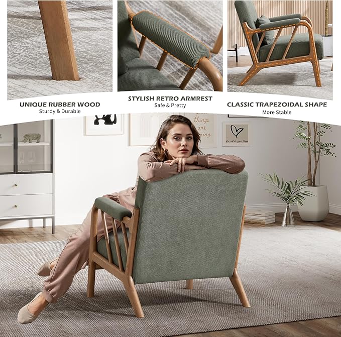 INZOY Accent Chairs Set of 2, Mid Century Modern Accent Chair with Wood Frame, Upholstered Reading Armchair with Corduroy Fabric, Accent Chair for Living Room Bedroom Apartment, Easy Assembly, Green
