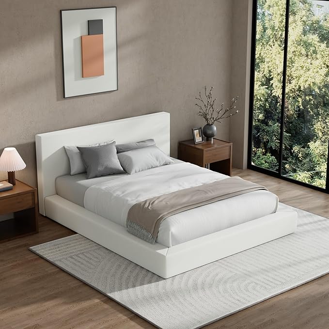 RECCI AirFrame Queen Bed Frame with Headboard, Cloud Upholstered Platform Bed Frame, 5 Inch Foam Cushioned, No Box Spring, Easy Assembly(Snow White)