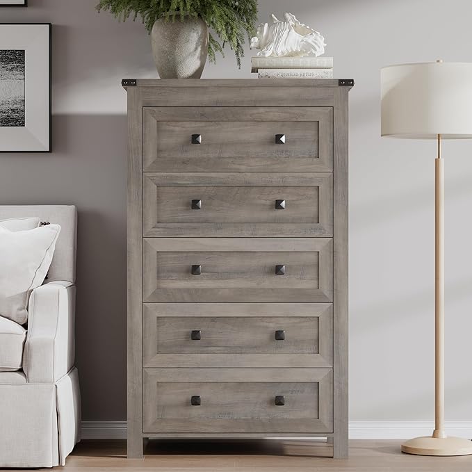 BORNOON Tall 5-Drawer Dresser, Modern Wooden Storage Chest of Drawers, Dresser TV Stand, Wood Drawer Organizer with Metal Handles for Bedroom, Living Room, Hallway