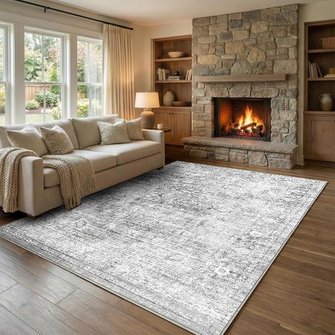 Homemate Washable Rug 6x9 Area Rugs - Vintage Faux Wool Rugs for Living Room Bedroom Dining Room - Non Slip Foldable Carpet Indoor Area Rug for Home Decor（6'x9', Grey